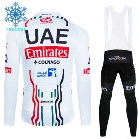 Set Fietsshirt Lange Mouw + Lange Koersbroek 2024 UAE TEAM EMIRATES Winter Thermal Fleece Wit